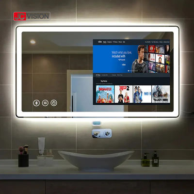 Espelho esperto IP65 do banheiro do diodo emissor de luz da tevê Android do espelho do tela táctil da casa do hotel de JCVISION