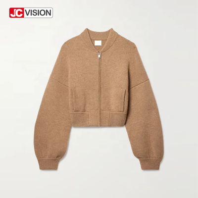 JCVISION Outono Inverno Marrom V-Neck Manga Longa Zipper Mulheres