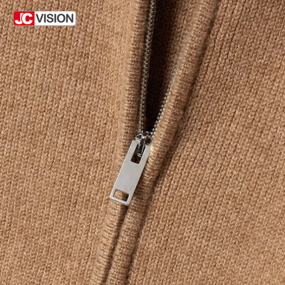 JCVISION Outono Inverno Marrom V-Neck Manga Longa Zipper Mulheres