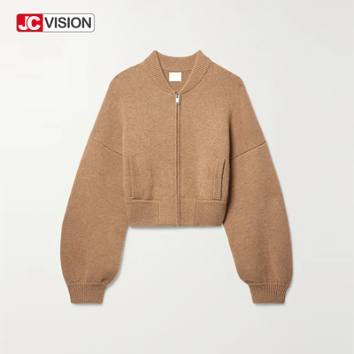 JCVISION Outono Inverno Marrom V-Neck Manga Longa Zipper Mulheres