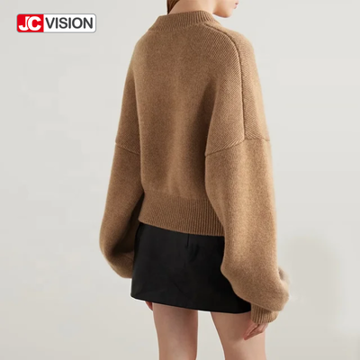 JCVISION Outono Inverno Marrom V-Neck Manga Longa Zipper Mulheres