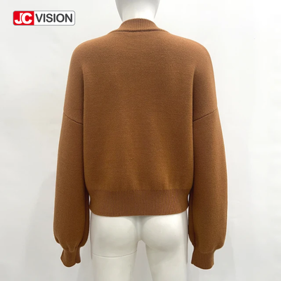 JCVISION Outono Inverno Marrom V-Neck Manga Longa Zipper Mulheres