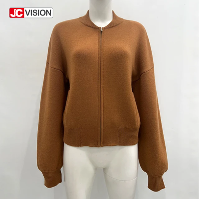 JCVISION Outono Inverno Marrom V-Neck Manga Longa Zipper Mulheres