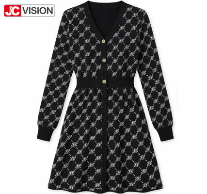 Vestido de malha com decote em V para outono e inverno feminino, estilo executivo JCVISION