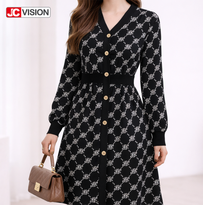 Vestido de malha com decote em V para outono e inverno feminino, estilo executivo JCVISION
