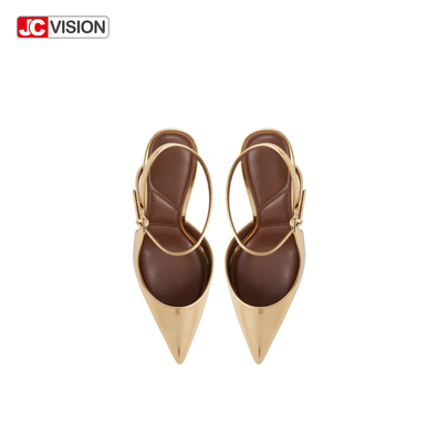 Scarpins JCVISION Bico Fino Slingback Couro Vegano Espelhado Metálico Salto Agulha Alto D'Orsay para Festa