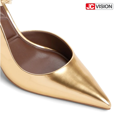 Scarpins JCVISION Bico Fino Slingback Couro Vegano Espelhado Metálico Salto Agulha Alto D'Orsay para Festa