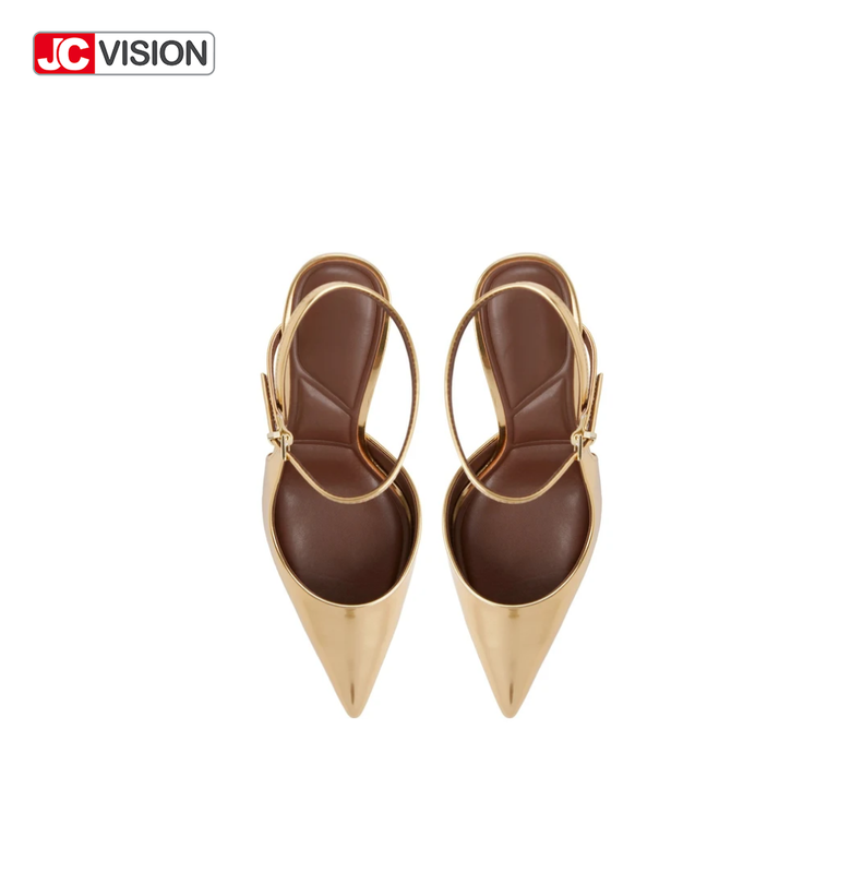 Scarpins JCVISION Bico Fino Slingback Couro Vegano Espelhado Metálico Salto Agulha Alto D'Orsay para Festa